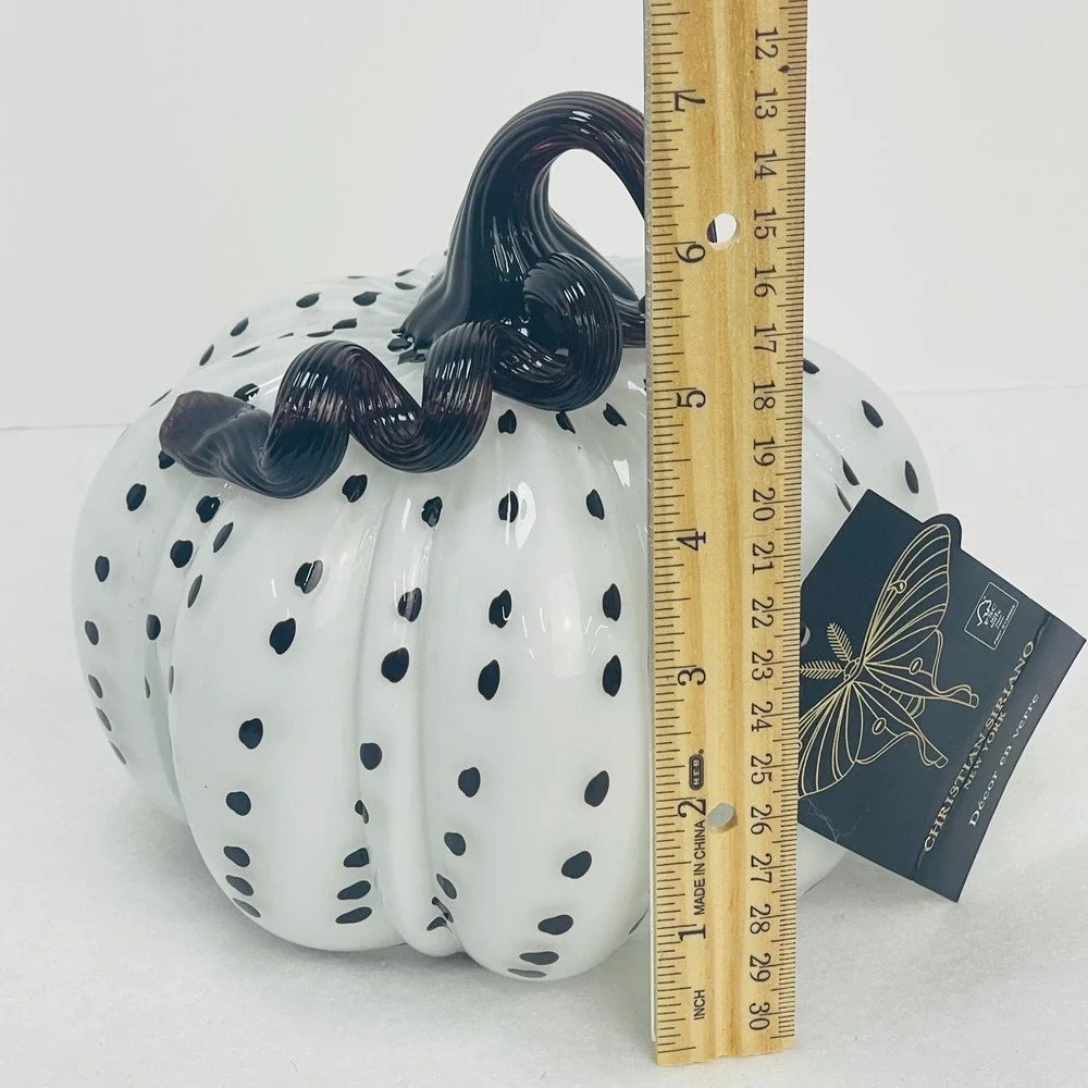 Christian Siriano New York Glass Pumpkin Decor White Black Polka Dot Purple Stem